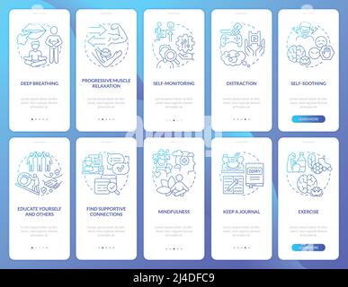 Coping with PTSD blue gradient onboarding mobile app screen set Stock Vector