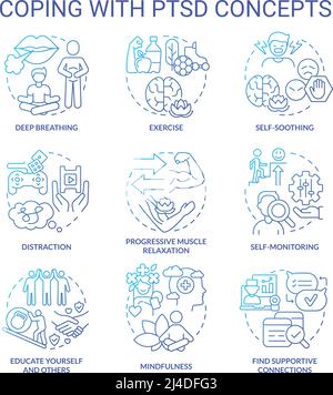 Coping with PTSD blue gradient concept icons set Stock Vector