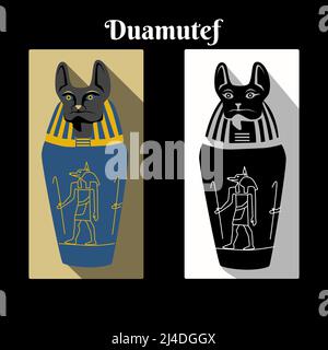 Ancient Egypt canopic jar with god Horus son Duamutef head cap and name script. Gods Jackal jar color and black white card. Canopic jars guardian vect Stock Vector