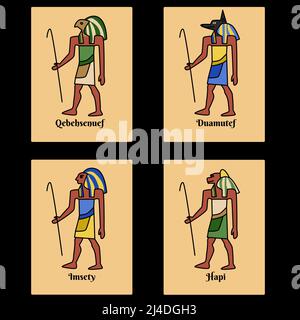 Ancient Egypt cards set, god Horus sons stylized images and names script. Four gods jackal, falcon, man, cynocephalus. Canopic jars guardians vector i Stock Vector