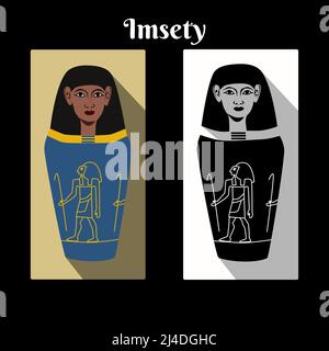 Ancient Egypt canopic jar with god Horus son Imsety head cap and name script. Gods Man jar color and black white card. Canopic jars guardian vector illustration Stock Vector