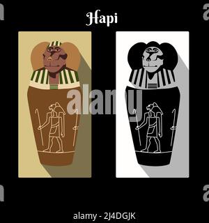Ancient Egypt canopic jar with god Horus son Hapi head top and name script. Gods cynocephalus jar color and black white card. Canopic jars guardian vector illustration Stock Vector