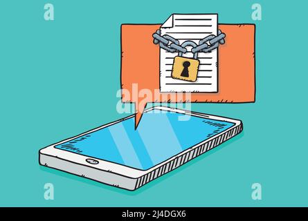 Cartoon style vector illustration of document file locked with chains and padlock  on mobile screen Stock Vector
