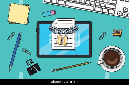 Cartoon style vector illustration of document file locked with chains and padlock, showing ontablet screen. Stock Vector