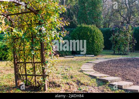 A narrow alley in the Botanic Garden Iasi during autumn, Romania Stock Photo