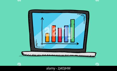 Colorful  doodle of data chart on laptop screen. Hand drawn illustration. Stock Vector