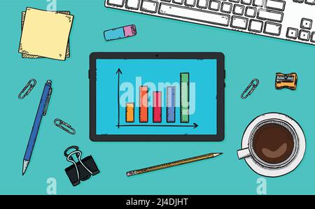 Doodle vector illustration of tablet with data chart on screen. Stock Vector