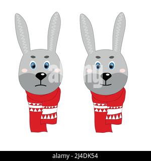 Colorful cute vector hare face in a winter scarf. One object on a white background. Cartoon flat illustration. Emoji funny animal. Embarrassed smile Stock Vector