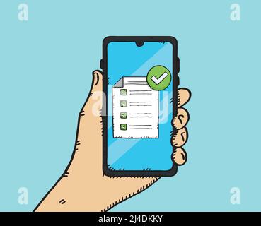 Hand drawn doodle vector illustration of hand holding smartphone with checklist on screen. Stock Vector