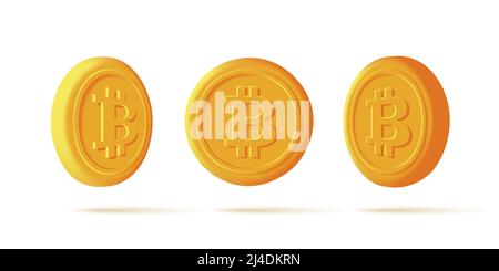 Digital 3d icon of a bitcoin golden coin in different positions Stock Vector