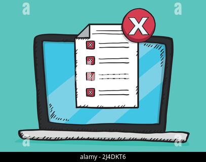 Hand drawn doodle vector illustration of checklist with all bad answers on laptop screen Stock Vector