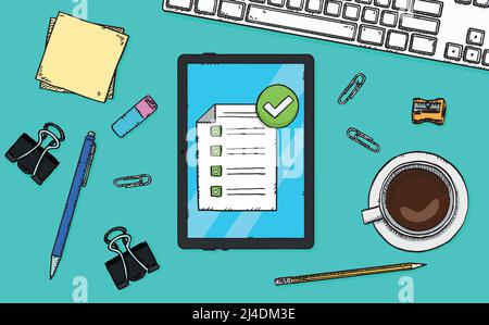 Hand drawn doodle vector illustration of tablet with checklist on screen. Stock Vector