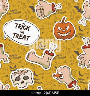 Cartoon Halloween seamless pattern with paper skull zombie arms leg creepy pumpkin caterpillar candy vector illustration Stock Vector
