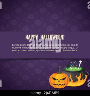 Abstract festive Halloween template with text evil pumpkin potion boiling in cauldron on purple background vector illustration Stock Vector