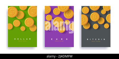 Set of leaflets templates with coins falling down of different currency, euro dollar and bitcoin Stock Vector