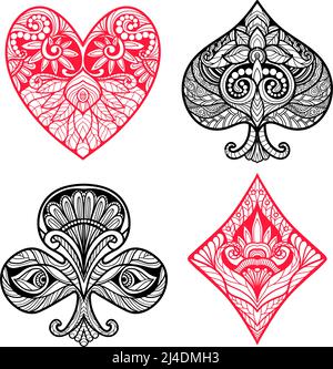 Playing card suits hand drawn set with decorative ornament isolated vector illustration Stock Vector
