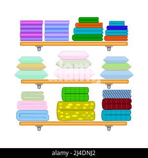 Bedding on shelf isolated.Shelves with blankets,duvets,sheets, pillows and towels.Set of pile bed-clothes accessories for sleeping.Vector illustration Stock Vector
