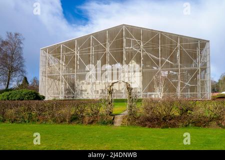 Hill House in Helensburgh, Scotland, within its protective box. The house was designed in 1902 by Charles Rennie Mackintosh and Margaret Macdonald. Stock Photo