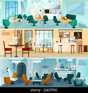 Luxury hotel restaurant bar interior 3 flat interactive icons banners set for homepage abstract isolated vector illustration Stock Vector