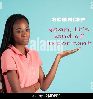 African American woman with upturned palm. Spokesperson pose holding your product in the palm of her hand. Stock Photo