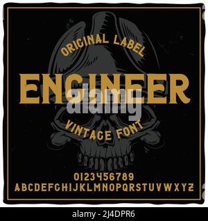 Vintage label typeface named "Engineer" with illustration of crane on background. Good handcrafted font for any label design. Stock Vector