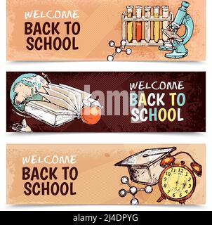 Horizontal welcome back to school banners with textural backgrounds and various colorful tools for studying sketch hand drawn isolated vector illustra Stock Vector
