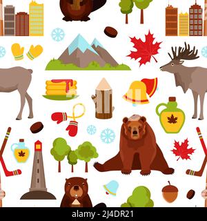 Canada colored seamless pattern with hockey maple syrup beaver vector illustration Stock Vector