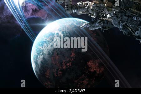 Space station on background of planet in deep space Space station on background of planet in deep space