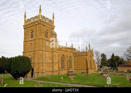 St Peter's Church Kineton originally completed in 1315 but today only the tower remains of the original building; the remainder of today's building wa Stock Photo