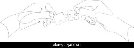 continuous line drawing of hands solving jigsaw puzzle Stock Vector