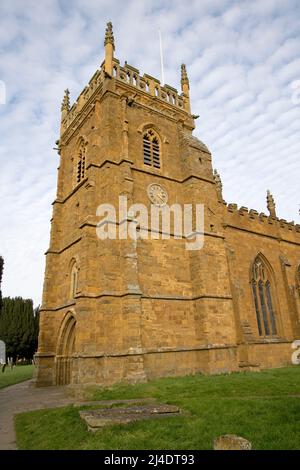 Tower of St Peter's Church Kineton originally completed in 1315 but today only the tower remains of the original building; the remainder of today's bu Stock Photo