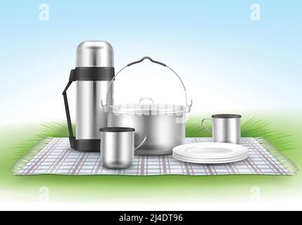 Vector picnic illustration with checkered blanket, camping pot, plates, thermos flask and cups on grass Stock Vector