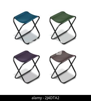 Vector set of picnic folding chairs with black legs and blue, green, grey, violet seats isolated on white background Stock Vector