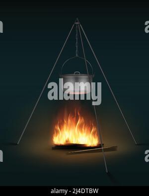 Vector new shiny steel camping pot with lid and handle on bonfire side view Stock Vector