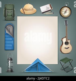 Vector camping stuff big green backpack, safari hat, blue sleeping bag, tent, lantern, compass, box of matches, guitar, folding chair and copyspace is Stock Vector