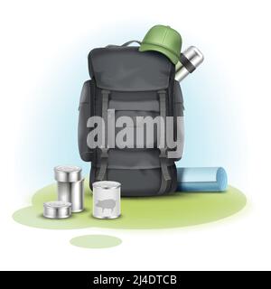 Vector camping stuff big gray backpack, green cap, blue mat, thermos and canned goods on background Stock Vector