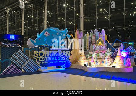 Decoration of the Songkran Festival inside Suvarnabhumi International Airport in Bangkok Stock Photo