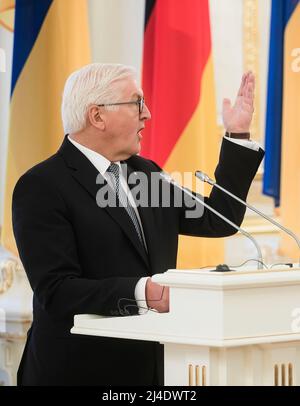 President of the Federal Republic of Germany Frank-Walter Steinmeier speaks at Mariinsky Palace in Kiev during an official visit to Ukraine. (Photo by Mykhaylo Palinchak / SOPA Images/Sipa USA) Stock Photo