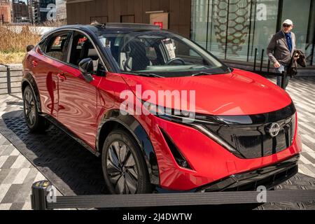 Brand activation for the Nissan ARIYA, an SUV electric vehicle, at Hudson Yards in New York on Monday, April 11, 2022. (© Richard B. Levine) Stock Photo