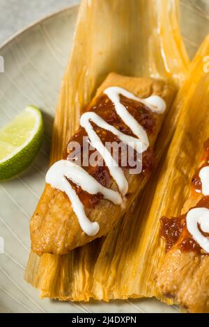 Homemade Beef Cornmeal Tamales with Salsa and Crema Stock Photo