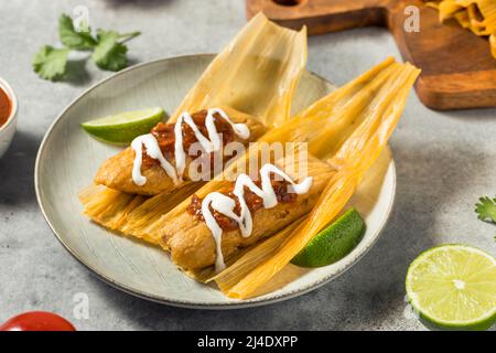 Homemade Beef Cornmeal Tamales with Salsa and Crema Stock Photo