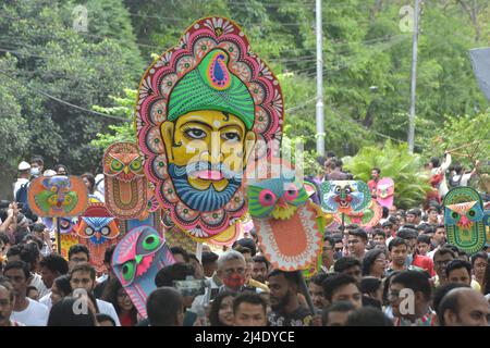 Dhaka. 14th Apr, 2022. People join a colorful procession to celebrate the Bengali New Year in Dhaka, Bangladesh, April 14, 2022. Credit: Xinhua/Alamy Live News Stock Photo