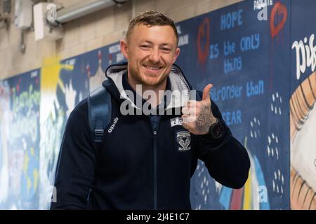 Josh Charnley #2 of Warrington Wolves gives the thumbs up as he arrives at The Halliwell Jones Stadium Stock Photo