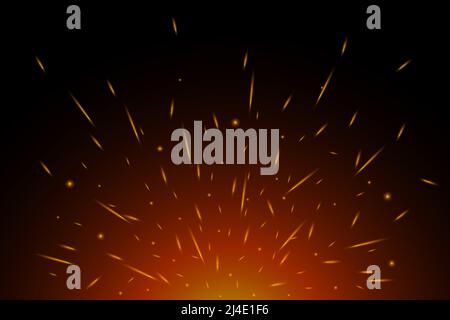 Fiery sparks on air over dark night. Flying glowing particles from fire. Flame lights effect on black background vector eps illustration Stock Vector