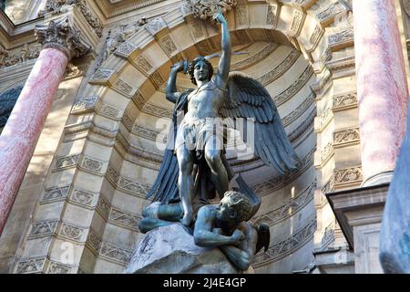 Saint Michael the Archangel slaying Satan (by Francisque-Joseph Duret, 1860)- Saint Michael Fountain, place Saint-Michel - Paris Stock Photo