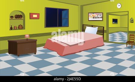 Village house room inside cartoon background with cozy bed, table, window, door, chair vector illustration. Stock Vector