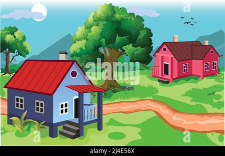 Natural village town with two modern houses, trees, mountain, sun, sky, clouds, birds, road and green grass cartoon background. Stock Vector