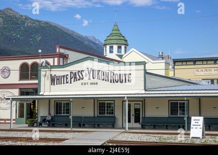 The White Pass And Yukon Route Railway Train Station In Skegway Alaska Tourist Rail Road Sightseeing Tour Stock Photo