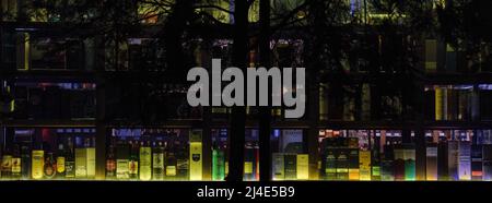 Illuminated bottles in a dark bar window, creating a colorful nightlife display in Bratislava, Slovakia. Stock Photo