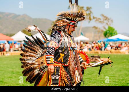 Malibu, California, USA - April 9, 2022. Powwow. Portrait of Native American Man in Full Regalia  Chumash Day Powwow and Intertribal Gathering. Stock Photo